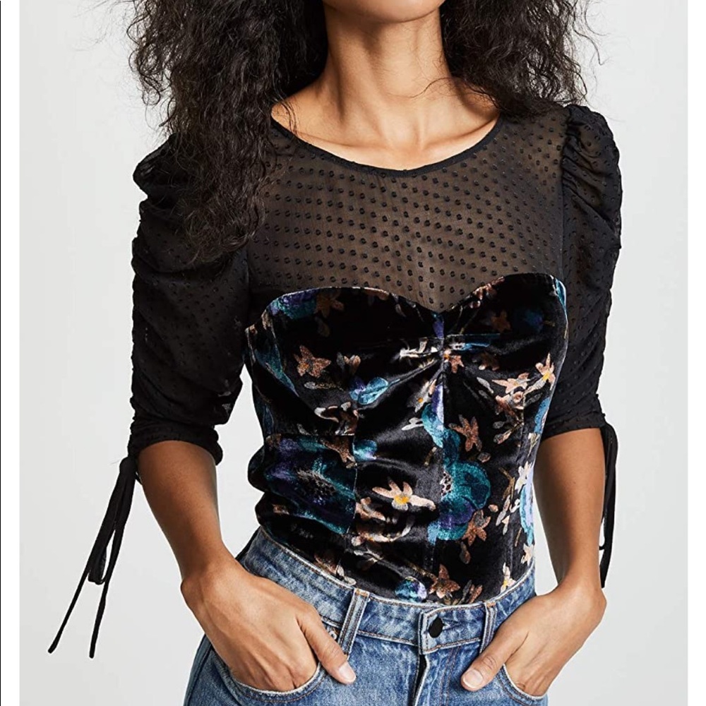 Rebecca Taylor Solstice Floral Velvet Swiss Dot Ruched Top, Sz 8